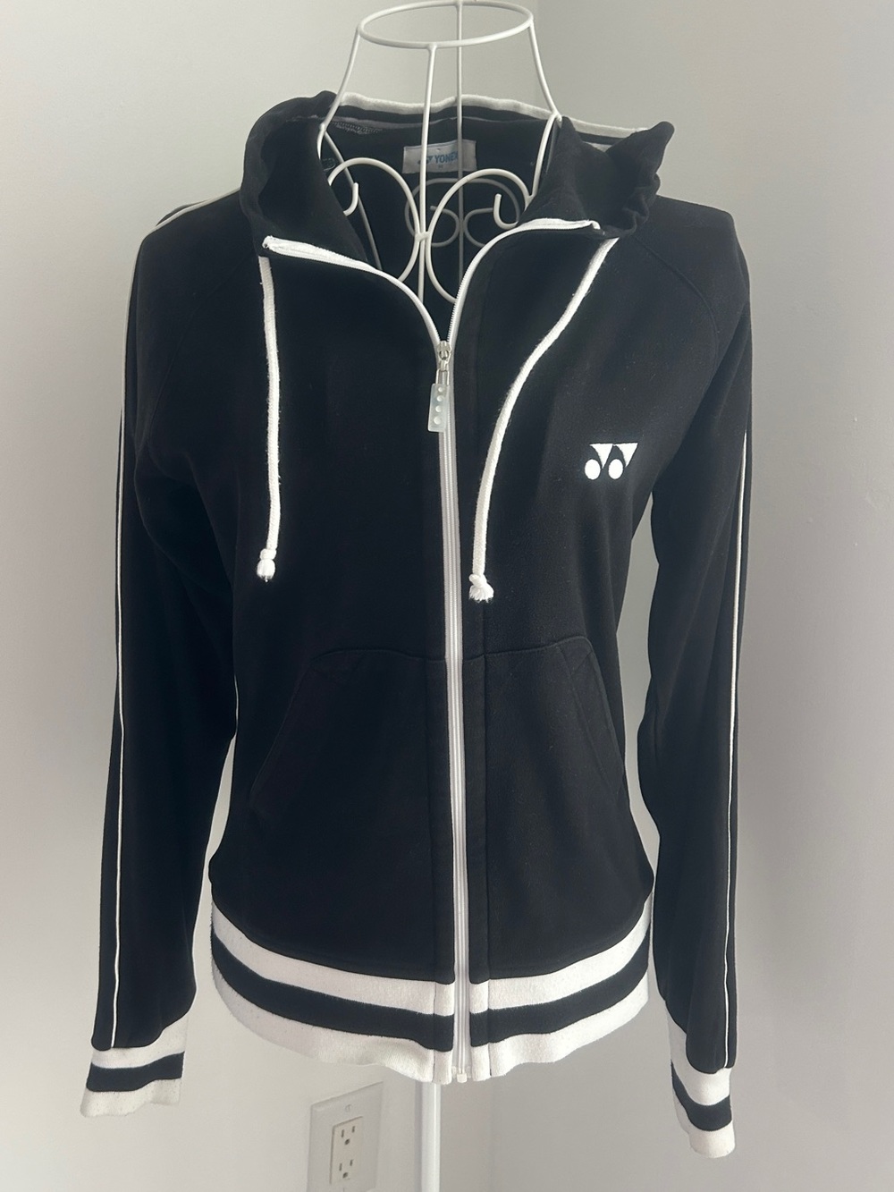 RARE Yonex Japan Full Zip Hoodie Sz M Black Lyocell Tech Track Jacket Stripes